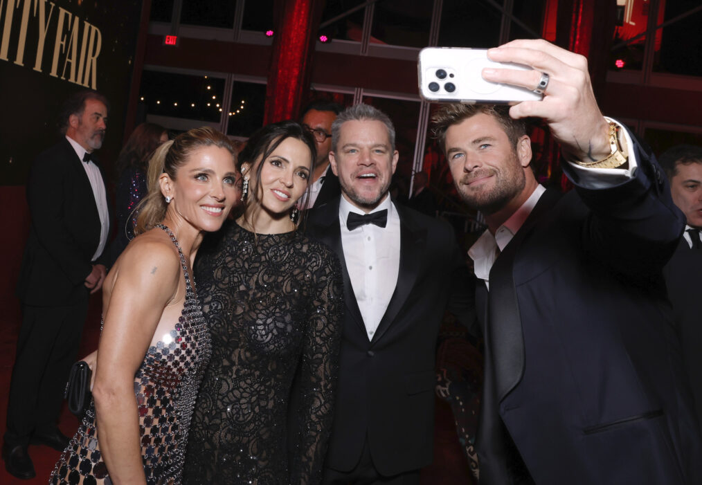 Elsa Pataky, Luciana Barroso, Matt Damon, and Chris Hemsworth attend the 2024 Vanity Fair Oscar Party Hosted By Radhika Jones at Wallis Annenberg Center for the Performing Arts on March 10, 2024 in Beverly Hills, California.