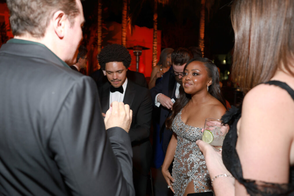 Trevor Noah and Quinta Brunson attend the 2024 Vanity Fair Oscar Party Hosted By Radhika Jones at Wallis Annenberg Center for the Performing Arts on March 10, 2024 in Beverly Hills, California.
