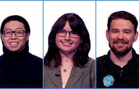 Andrew He, Larissa Kelly, and Sam Kavanaugh on 'Jeopardy!'