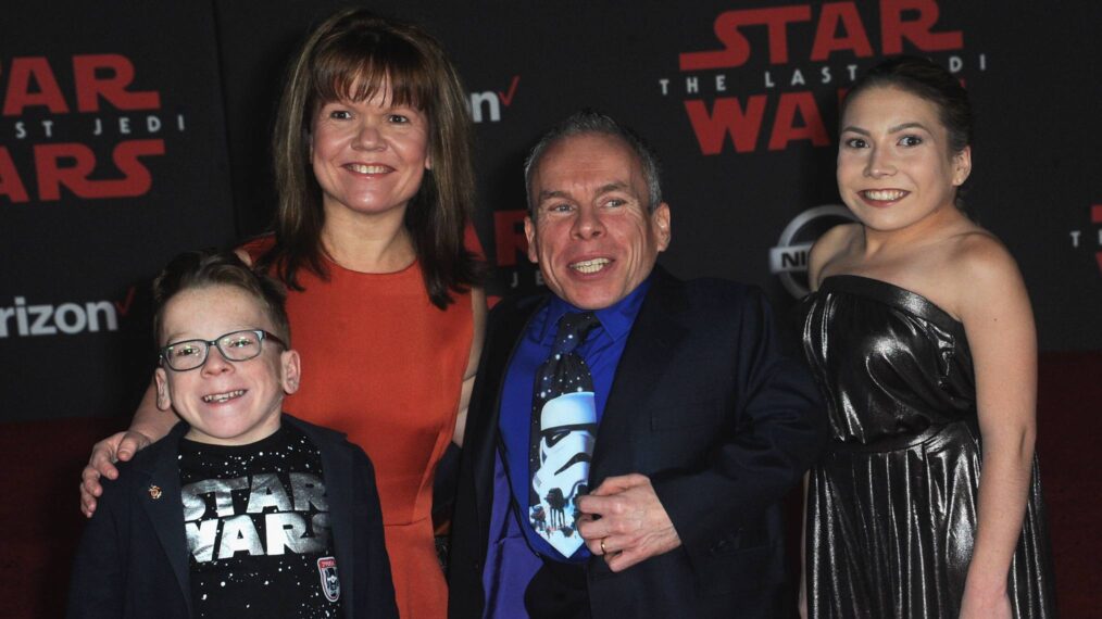 Actor Warwick Davis (2nd R) and son Harrison Davis, wife Sam Davis and daughter Annabel Davis arrive for the Premiere Of Disney Pictures And Lucasfilm's 