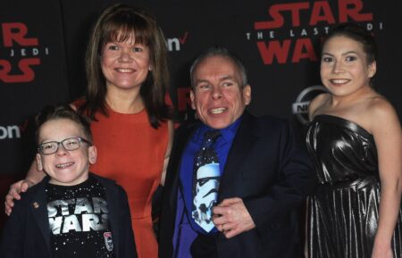 Actor Warwick Davis (2nd R) and son Harrison Davis, wife Sam Davis and daughter Annabel Davis arrive for the Premiere Of Disney Pictures And Lucasfilm's 