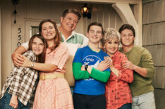 Iain Armitage as Sheldon, Zoe Perry as Mary, Lance Barber as George, Raegan Revord as Missy, Montana Jordan as Georgie, Annie Potts as Meemaw, Emily Osment as Mandy, from the CBS Original Series YOUNG SHELDON