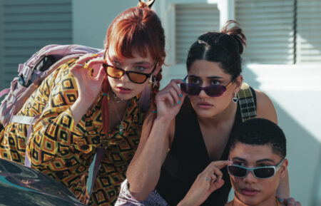 Chloe Hayden as Quinni, Ayesha Madon as Amerie, and James Majoos as Darren in 'Heartbreak High' Season 2