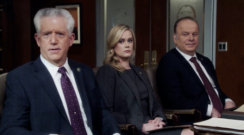 Gregory Jbara as DCPI Garrett Moore, Abigail Hawk as Abigail Baker, and Robert Chlohessy as Lt. Gormley in 'Blue Bloods' Season 14 Episode 9 ' 'Two of a Kind'