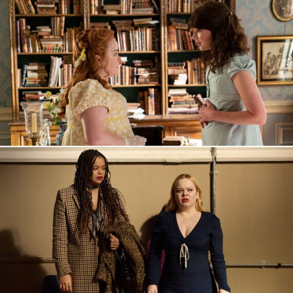 Nicola Coughlan and Claudia Jessie in 'Bridgerton' and Lydia West and Nicola Coughlan in 'Big Mood' 