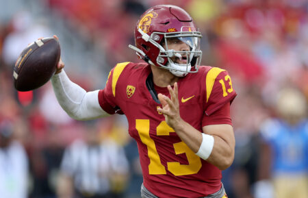Caleb Williams #13 of the USC Trojans passes the ball during the first half of a game against the UCLA Bruins at United Airlines Field at the Los Angeles Memorial Coliseum on November 18, 2023 in Los Angeles, California.