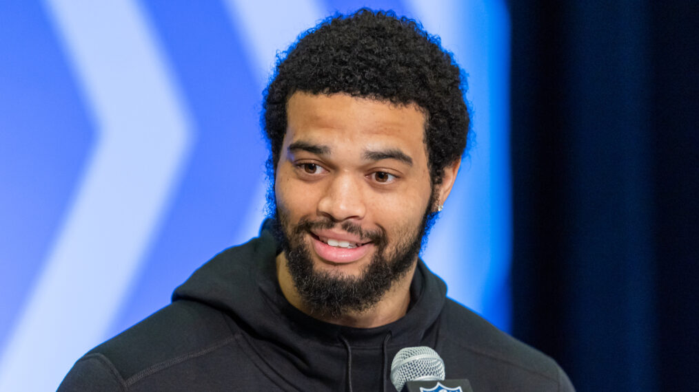 Caleb Williams #QB14 of the Southern California Trojans speaks to the media during the 2024 NFL Draft Combine at Lucas Oil Stadium on March 01, 2024 in Indianapolis, Indiana.