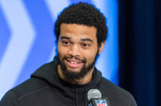 Caleb Williams #QB14 of the Southern California Trojans speaks to the media during the 2024 NFL Draft Combine at Lucas Oil Stadium on March 01, 2024 in Indianapolis, Indiana.