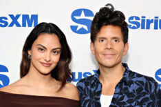 Camila Mendes and Rudy Mancuso visit the SiriusXM Studios on April 03, 2024 in New York City.