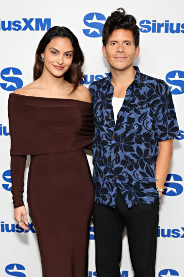 Camila Mendes and Rudy Mancuso visit the SiriusXM Studios on April 03, 2024 in New York City.