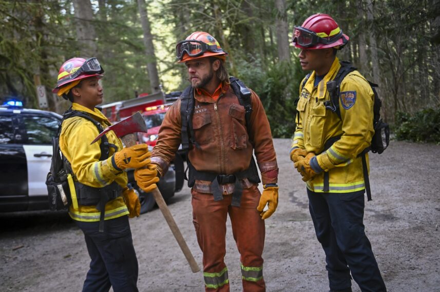 Jules Latimer as Eve Edwards, Max Thieriot as Bode Leone, and Jordan Calloway as Jake Crawford — 'Fire Country' Season 2 Episode
