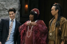 Asher Grodman as Trevor, Danielle Pinnock as Alberta, and Roman Zaragoza as Sasappis in 'Ghosts' Season 3 Episode 8