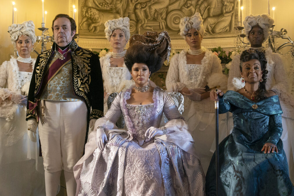 Hugh Sachs as Brimsley, Golda Rosheuvel as Queen Charlotte, Adjoa Andoh as Lady Agatha Danbury in Season 3 Episode 2 of 'Bridgerton'
