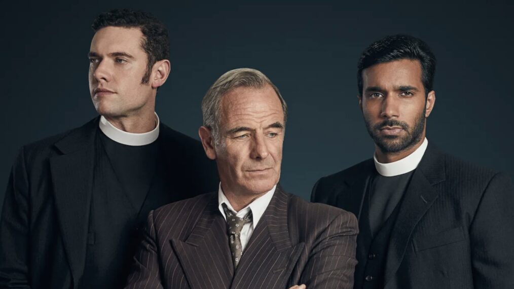 Tom Brittney, Robson Green, and Rishi Nair in 'Grantchester' Season 9 promo art