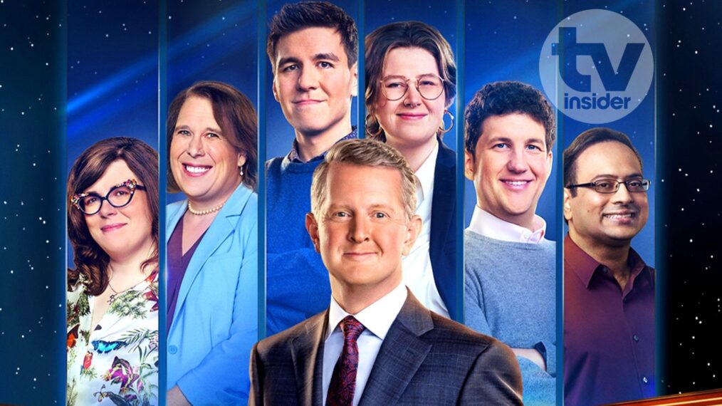 'Jeopardy! Masters' cast, Victoria Groce, Amy Schneider, James Holzhauer, Mattea Roach, Matt Amodio, and Yogesh Raut with host Ken Jennings