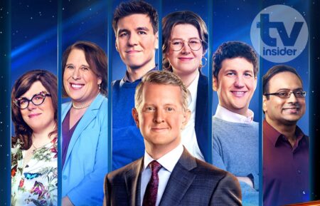 'Jeopardy! Masters' cast, Victoria Groce, Amy Schneider, James Holzhauer, Mattea Roach, Matt Amodio, and Yogesh Raut with host Ken Jennings