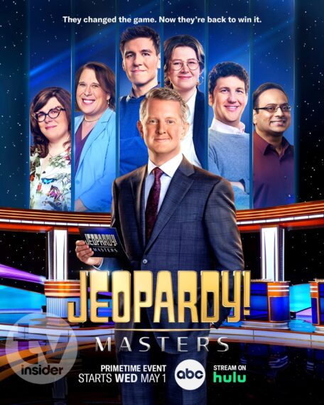 'Jeopardy! Masters' cast, Victoria Groce, Amy Schneider, James Holzhauer, Mattea Roach, Matt Amodio, and Yogesh Raut with host Ken Jennings