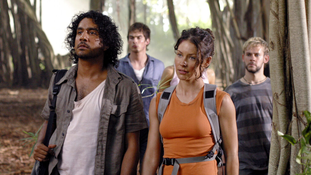 Naveen Andrews as Sayid, Ian Somerhalder as Boone, Evangeline Lilly as Kate, and Dominic Monaghan as Charlie in 'Lost'