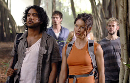 Naveen Andrews as Sayid, Ian Somerhalder as Boone, Evangeline Lilly as Kate, and Dominic Monaghan as Charlie in 'Lost'
