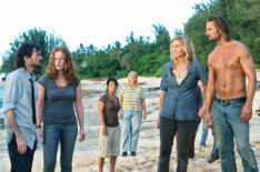 Jeremy Davies as Faraday, Rebecca Mader as Charlotte, Elizabeth Mitchell as Juliet, and Josh Holloway as Sawyer in 'Lost'