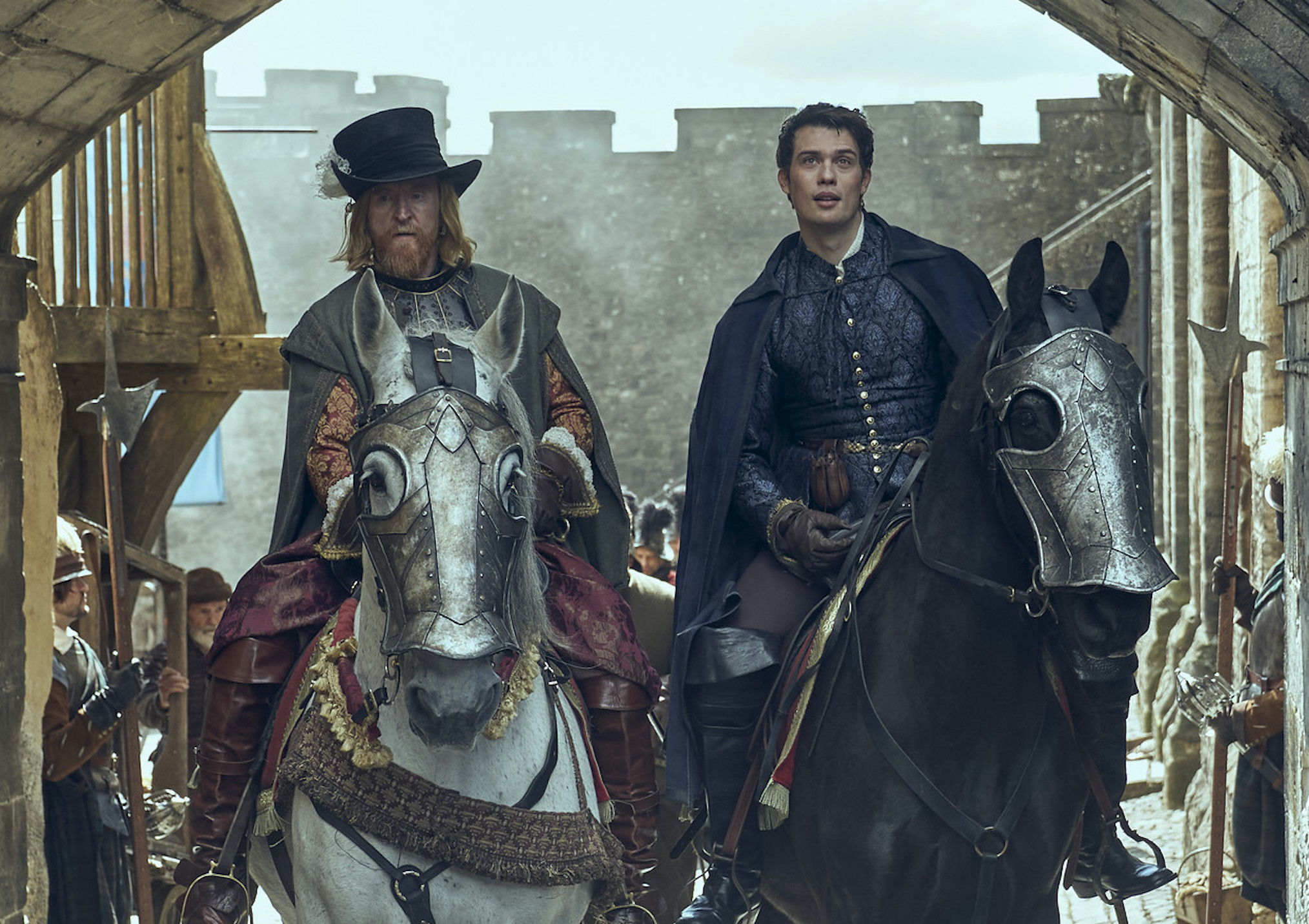 Tony Curran as King James I, Nicholas Galitzine as George Villiers in 'Mary & George' Episode 4 - 'The Wolf & The Lamb'