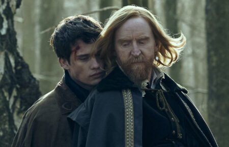 Nicholas Galitzine as George Villiers and Tony Curran as King James I in 'Mary & George' Episode 2 - 'The Hunt'