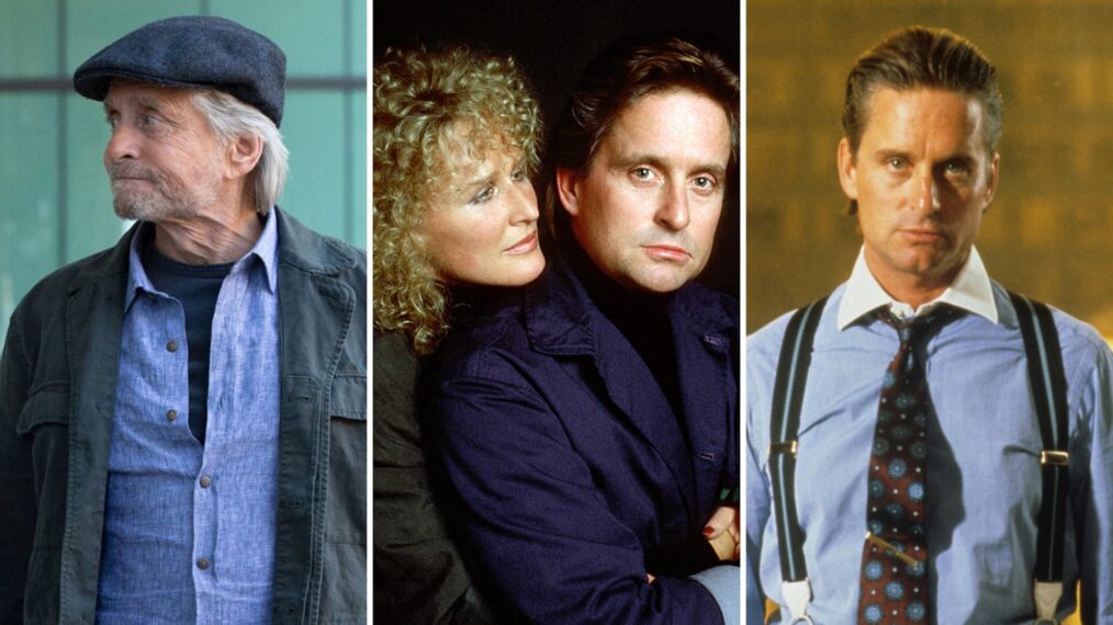 Michael Douglas in 'The Kominsky Method' (L); Glenn Close and Michael Douglas in 'Fatal Attraction' (C); Michael Douglas in 'Wall Street'