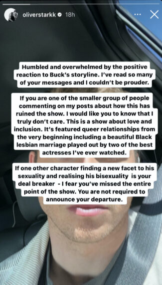 Oliver Stark Instagram Story about Buck being bisexual on '9-1-1'