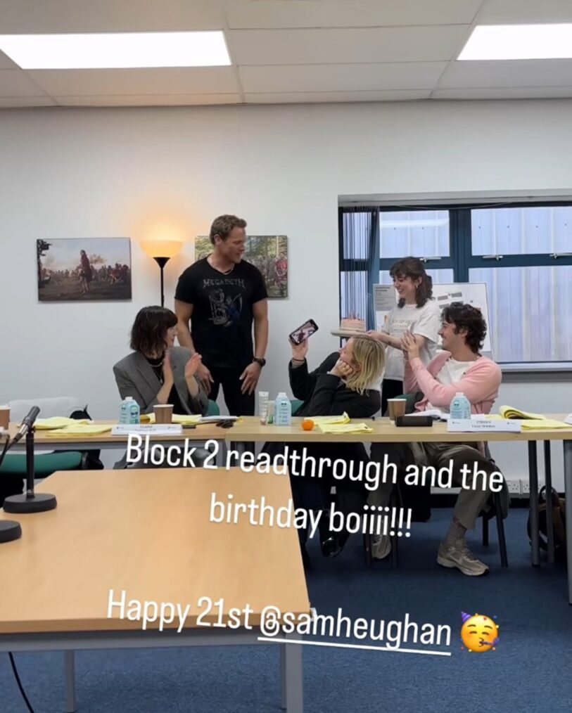 Caitriona Balfe, Sam Heughan, Lauren Lyle, and Cesar Domboy behind the scenes of 'Outlander' Season 8