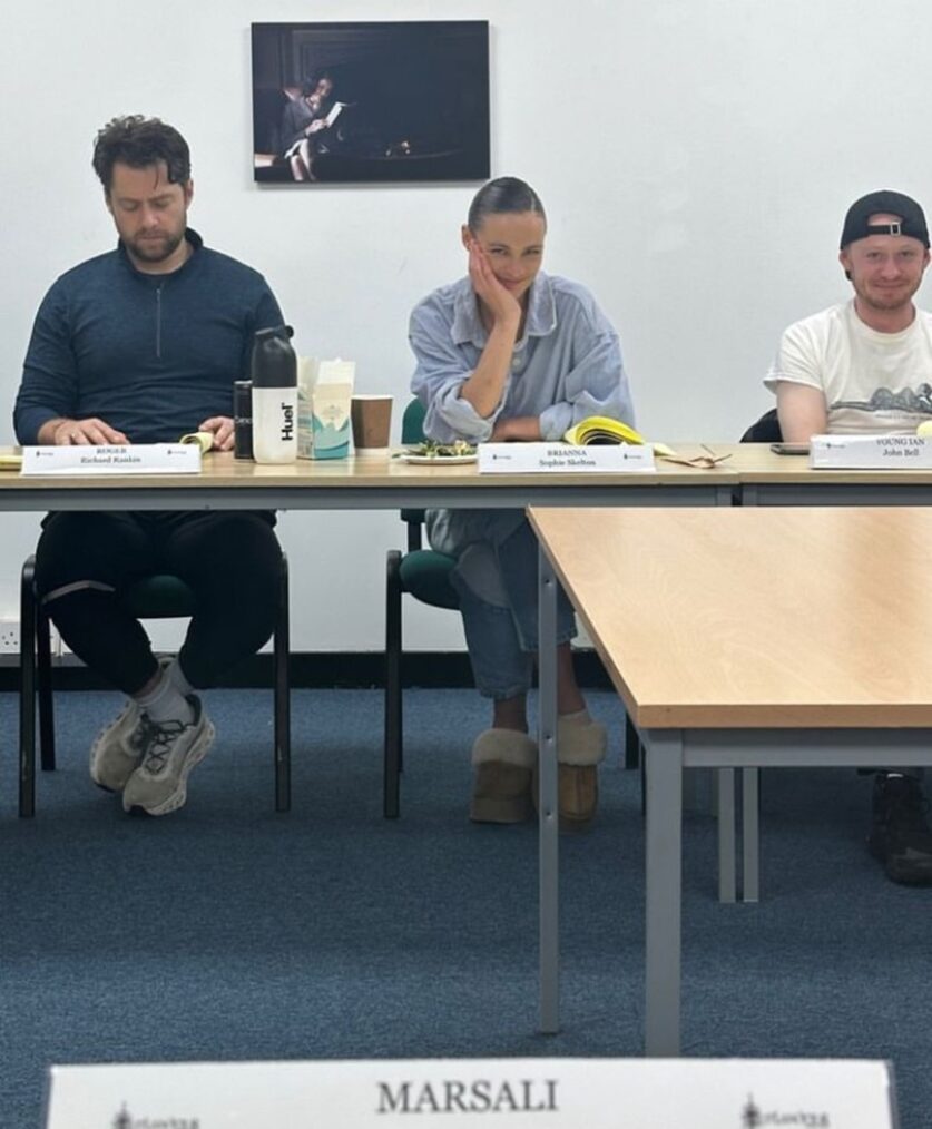 Richard Rankin, Sophie Skelton and John Bell behind the scenes of 'Outlander' Season 8