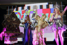 Top 3 finalists Plane Jane, Sapphira Cristal, and Nymphia Wind with Jimbo at 'RuPaul's Drag Race' Season 16 finale screening event at The Edge at Hudson Yards on April 19, 2024 in New York City.