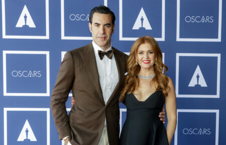 Sacha Baron Cohen and Isla Fisher pose for a photo during a screening of the Oscars on Monday April 26, 2021 in Sydney, Australia.