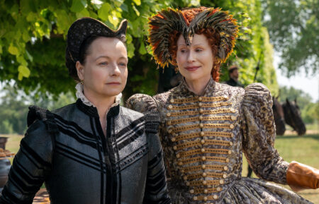 Samantha Morton as Catherine de Medici and Minnie Driver as Queen Elizabeth I in 'The Serpent Queen' Season 2