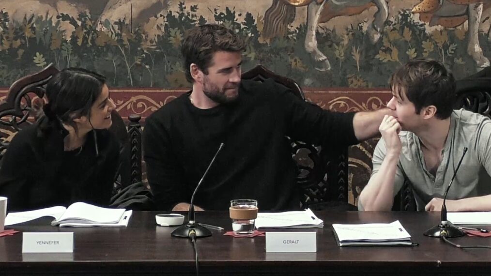 Anya Chalotra, Liam Hemsworth, and Joey Batey at the first table read of 'The Witcher' Season 4