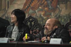 Meng'er Zhang, who plays Milva, and Danny Woodburn, who plays Zoltan, at a table read for Season 4 of The Witcher