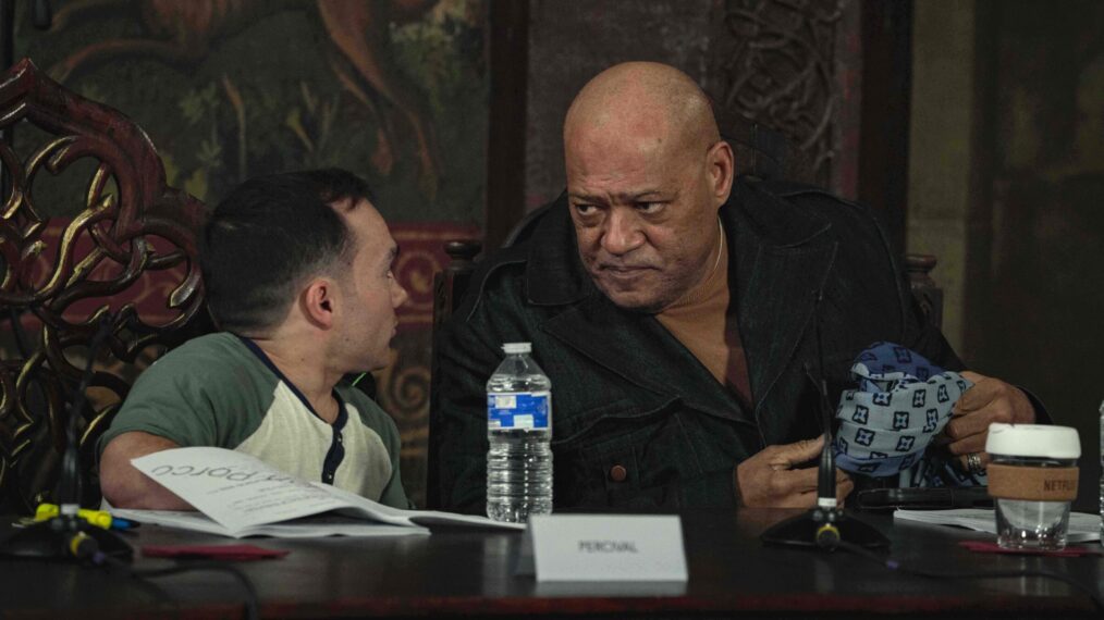 Linden Porco as Percival and Laurence Fishburne as Regis at a table read for Season 4 of The Witcher