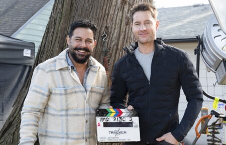 Director Jon Huertas and Justin Hartley on set of 'Tracker' Season 1 Episode 9 