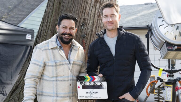 Director Jon Huertas and Justin Hartley on set of 'Tracker' Season 1 Episode 9 