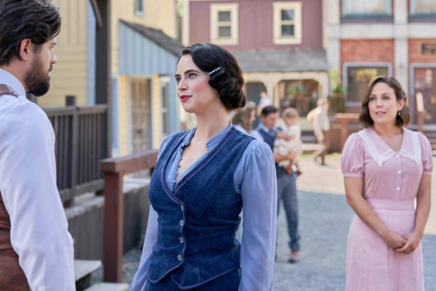 Chris McNally as Lucas, Cecilia Deacon as Jeanette, and Erin Krakow as Elizabeth in 'When Calls the Heart' Season 11 Episode 4 "Along Came a Spider"