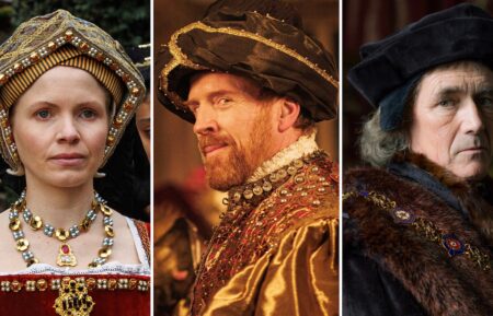 (L-R) Kate Phillips, Damian Lewis, and Mark Rylance in 'Wolf Hall: The Mirror and the Light'