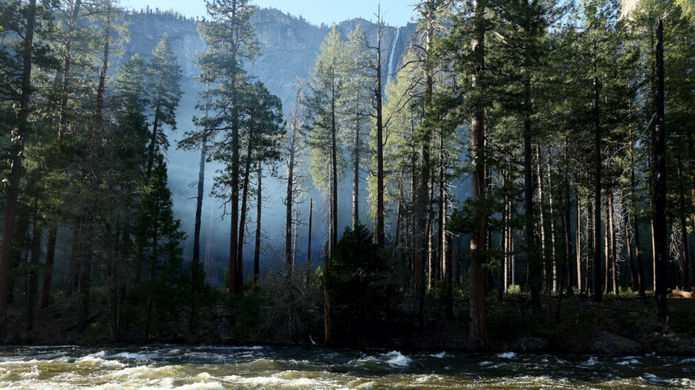 The snowmelt swollen Merced River flows past El Capitan in Yosemite Valley on April 28, 2023