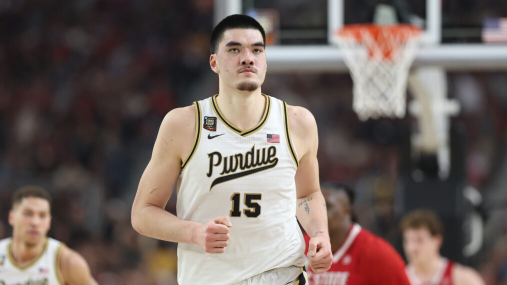 Zach Edey #15 of the Purdue Boilermakers jogs across the court in the second half against the North Carolina State Wolfpack in the NCAA Men's Basketball Tournament Final Four semifinal game at State Farm Stadium on April 06, 2024 in Glendale, Arizona.