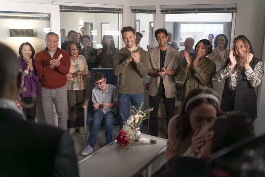 Freda Foh Shen, Kelvin Han Yee, Ana Mercedes, Gavin McHugh, Ryan Guzman, Anirudh Pisharody, Angla Bassett, and Tracie Thoms in '9-1-1' Season 7 Episode 6 "There Goes the Groom"