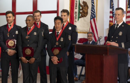 Ryan Guzman as Eddie, Aisha Hinds as Hen, Oliver Stark as Buck, Kenneth Choi as Chimney, Lou Ferrigno Jr. as Tommy, and Peter Krause as Bobby in '9-1-1' Season 7 Episode 9 