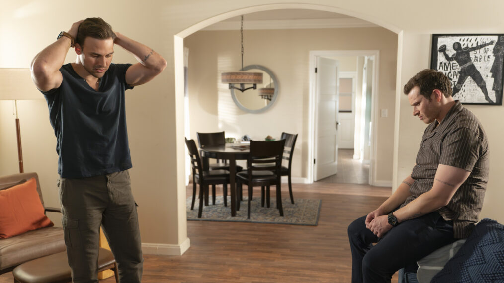 Ryan Guzman as Eddie and Oliver Stark as Buck in the '9-1-1' Season 7 Finale 'All Fall Down