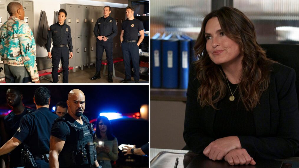 Aisha Hinds as Hen, Kennth Choi as Chimney, Oliver Stark as Buck, and Ryan Guzman as Eddie in '9-1-1,' Shemar Moore as Daniel 'Hondo' Harrelson in 'S.W.A.T.,' and Mariska Hargitay as Captain Olivia Benson in 'Law & Order: SVU'
