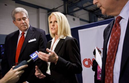 Ed Goeas, Alice Stewart and Bob Heckman speaking for Michele Bachman in the spin room after The New Hampshire Republican Presidential Debate at Saint Anselm College in Manchester. The debate is sponsored by CNN, the New Hampshire Union Leader, and WMUR-TV New Hampshire.
