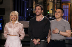 Musical guest Sabrina Carpenter, host Jake Gyllenhaal, and Bowen Yang during Promos for Saturday Night Live on Thursday, May 16, 2024