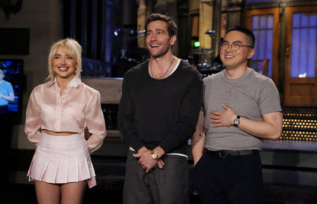 Musical guest Sabrina Carpenter, host Jake Gyllenhaal, and Bowen Yang during Promos for Saturday Night Live on Thursday, May 16, 2024