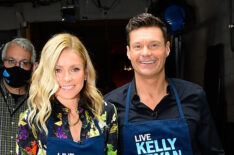 Kelly Ripa and Ryan Seacrest are seen outside 'Live with Kelly and Ryan' on June 2, 2022 in New York City.